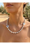 Natural Stone Mayorka Pearl Evil Eye Beaded Original Pearl Detailed and Original Pearl in Steel Chain End Women's 2-Piece Necklace