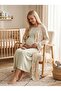New Season Green Patterned Design with Breastfeeding Feature Short Sleeve 100% Cotton Full Length Maternity Nightgown Set - 7