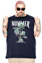 تي شيرت كبير الحجم مصنوع من القطن بنسبة 100% بدون أكمام ومطبوع عليه Summer U26010 باللون الأزرق الداكن
