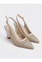 Women's Beige Color Straw Weave Thick Heeled Shoes Pointed Toe Slingback - 5