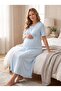 New Season Blue Breastfeeding-Friendly Double-Breasted Collared Summer Short Sleeve Special Design 100% Cotton Maternity Nightgown - 5