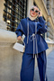 Women's Stripe Detailed Collar and Waist Tie Hooded Parachute Suit Navy Blue - 3