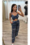Women's Navy Blue Ethnic Patterned Strappy Crop Bustier Chiffon Shorts Lined Wide Leg Pants Set 8086 - 6