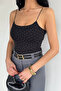 Black Women's Rubber Strap Stoned Crop Top Blouse - 3