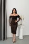 Brown Boat Neck Strap Sequined Midi Lace Evening Dress