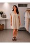 100% Cotton V-Neck Comfortable Cut Dress with Pockets - Beige