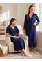 New Season Navy Blue Button Detailed Ribbed Design Short Sleeve 100% Cotton Maternity Nightgown Set of 2 - 7
