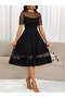 Women's Short Sleeve Crew Neck Polka Dot Tulle Detailed Midi Janjan Crepe Dress