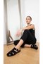 Luna Black Suede Belt Detailed Gold Buckle Flat Sole Summer Comfortable Women's Slippers