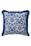 Tile Motif Floral Art Fringed Pillowcase - Authentic Ethnic Blue Navy Tassel Throw Pillow Cover - 2