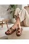 Brown Leather Two-Buckle Thick-Soled Women's Slippers