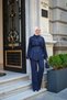 Women's Folded Sleeve Detail Shirt Collar Waist Tie Suit Navy Blue