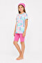 42507-26 Girls' Short Sleeve Sea Set Including a Cap, Digital Patterned Quick Drying Flexible Swimsuit Set - 2