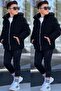 Boys' Black Fur Lined Detachable Hooded Nova Winter Coat Km4014 - 7