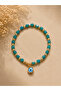 Natural Stone Green Cube Stone Beaded Gold Color Detailed Bracelet, Evil Eye Beaded Elastic Bracelet - 2