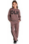 Girl's Enjoy Text Patterned Wide Leg Model Brown Color Tracksuit Set with Stripe Detail