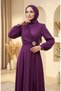 Satin Fabric Hijab Evening Dress with Brooch on the Waist 5811-05 Plum - 3