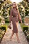 Women's Tan Appliqué Detailed Chiffon Sleeve Midi Event Dress - 4