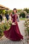 Women's Burgundy Square Neck Long Sleeve Sequined Long Evening Dress - 5