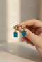 Yellow Tone Irregular Shaped and Turquoise Enamel Detailed Women's Earrings - 4