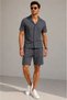Men's Crepe Fabric Breathable Short Sleeve Shirt with Pocket Shorts Set - Smoked