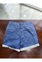 Mid-Wash Blue Denim High-Rise Shorts with Cuffed Hem - 7