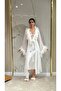 2 Piece Laced Satin Detailed Nightgown and Dressing Gown Set |   Deep Slit, Ruffled, Feathered, Lace Detailed Dowry Set with Rope Detail on the Back Bride - 4