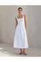 Women's White Square Collar Midi Length Denim Dress