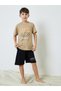Boys Beige Graphic print T-Shirt and Black Pocket Details Shorts Pyjama Set