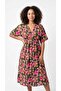 Women's Floral Patterned V-Neck Front Slit Midi Dress Elastic Waist Comfortable Fit 120 cm
