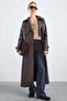 Leather Trench Coat with Cape Detail and Snap Closure Brown 6875 - 5