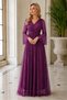 Women's Long Tulle Sleeves Double Breasted Collar Lycra Glitter Comfortable Cut Stylish Chiffon Plum Long Evening Dress - 7