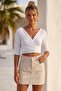 White Double-Breasted Collar 3/4 Sleeve Tie-Up Casual Muslin Crop Fit Woven Blouse 40 60 - 5