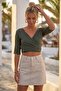 Khaki Double-Breasted Collar 3/4 Sleeve Tie-Up Casual Muslin Crop Fit Woven Blouse 40 60 - 7