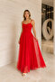 Women's Red Thin Strap Draped Gathered Tulle Detailed Long Evening Dress - 2