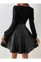 Women's Long Sleeve Square Neck Top Viscose Bottom Leather Mini Dress - 3