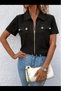 Women's short sleeve jacket with collar, zipper front, and pocket detail, imported crepe blouse with short sleeves. - 2