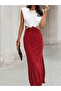 Women's High-Shouldered Round-Necked Side-Open Padded Double-Color Long Janjan Crepe Dress - 3
