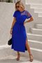 Women's Saks Blue Ring Collar Short Sleeve One Shoulder Tulle Pearl Slit Midi Janjan Crepe Dress - 3