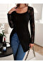 Women's long sleeve tulle detail square neck asymmetrical cut shirred diver blouse - 5
