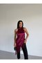 Women's Burgundy Halter Neck Lace Embroidered Asymmetrical Satin Blouse Hzl26S-Fry123901 - 3