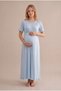 Women's Blue Double-Breasted Collar Maternity Nightgown Set with Nursing Detail and Dressing Gown - 5