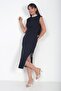 Women's Stoned Hakim Collar Side Chain Detailed Slit Self-Tie Midi Dress