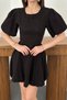 Women's Black Mini Dress with Balloon Sleeves and Tie Back, Gathered Skirt - 4