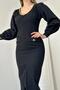 Women's Black Midi Pencil Dress Wide U-Neck Chain Detailed Balloon Sleeves Slit - 5