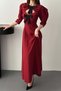 Women's Burgundy Long Dress with Bow Detail, Front Cutout, Balloon Sleeves, Flared Evening Dress - 4