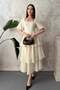 Women's Ecru Square Neck Balloon Sleeve Floral Patterned Layered Flounce Midi Dress - 2