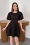 Women's Black Mini Dress with Balloon Sleeves and Tie Back, Gathered Skirt - 2