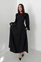 Women's Black Lace Detailed Belted Balloon Sleeve Midi Flared Dress - 2