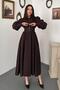 Women's Brown Brode Scallop Belted High Neck Balloon Sleeve Midi Dress